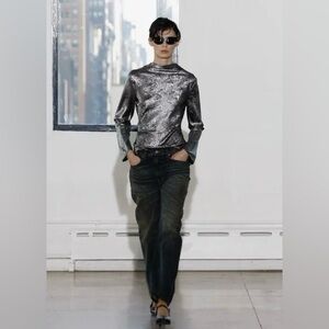 NWOT Zara Metallic Silver Flowy Open Back Contemporary Blouse Sz L